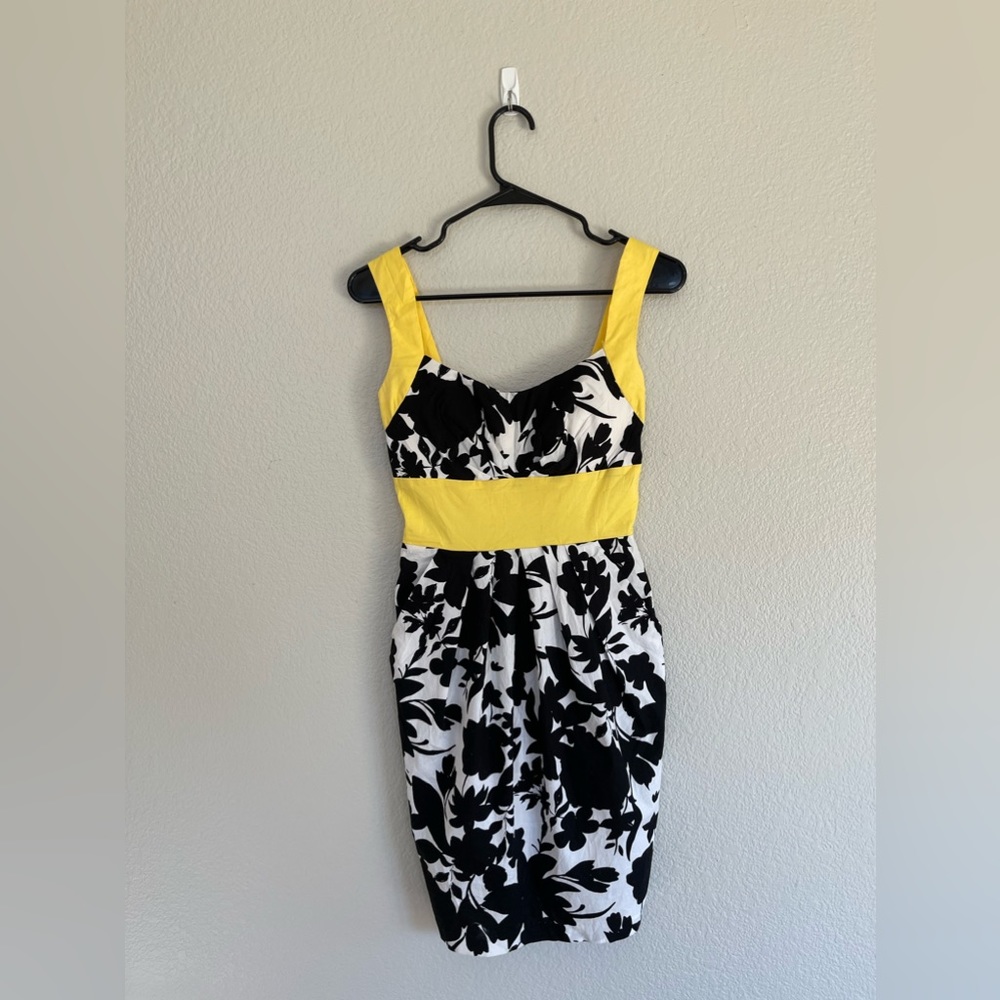 Black and white floral dress with yellow straps